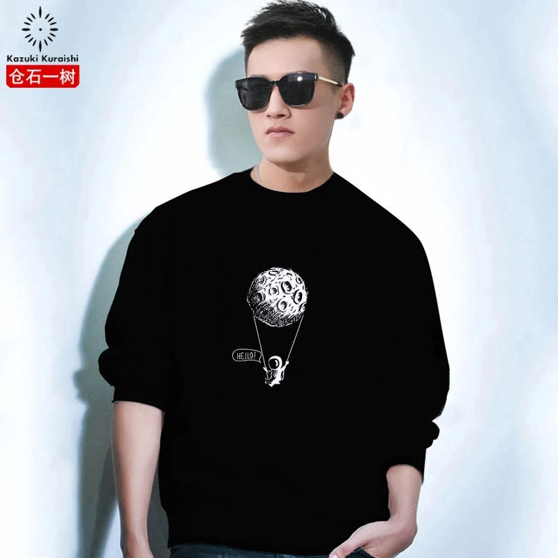 仓石一树印花宇航员圆领卫衣男秋季2025新款休闲潮流重磅加绒长袖
