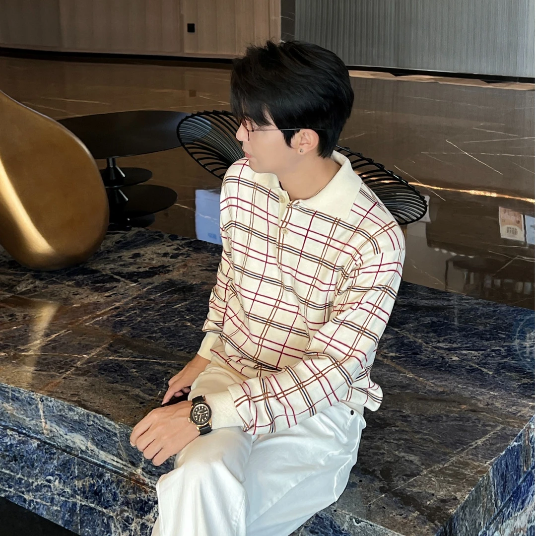 Run Solara tl百分百棉 米杏格纹针织毛衣 早秋舒适卫衣男 4180