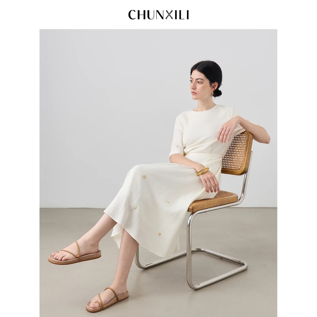 CHUNXILI/春熙里 米色钉珠连衣裙 夏季显瘦长款气质裙子D04L53057