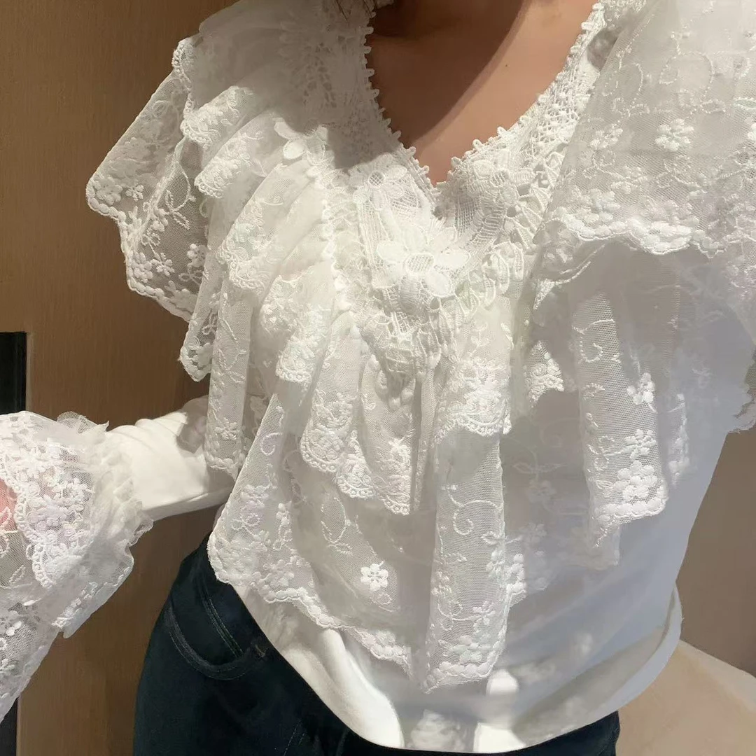 【YFONI】加绒花边打底衫