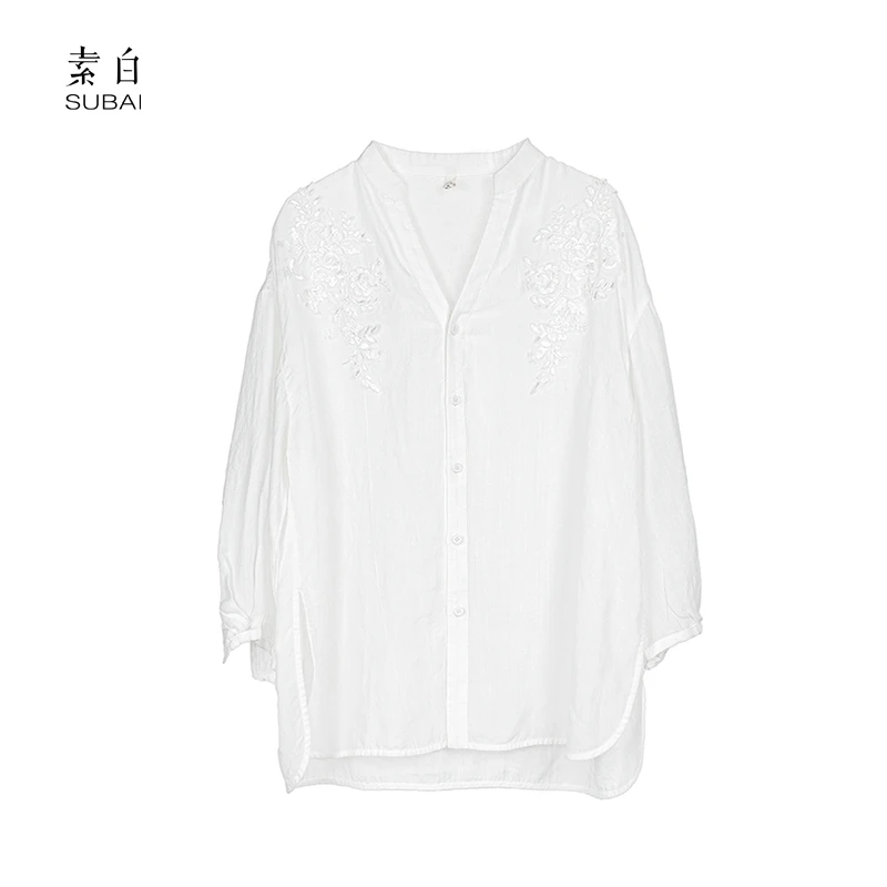 素白苎麻极简【初苎】S01382蕾丝秀片拼接百搭时尚白色衬衫