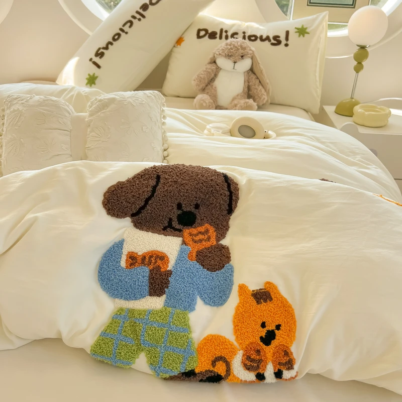 超柔亲肤柔软毛巾绣床品四件套非全棉纯棉被套床单被罩宿舍三件套