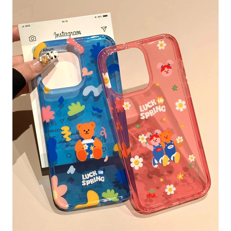 春日涂鸦小熊小兔适用iPhone苹果16/15手机壳华为vivo小米oppo软