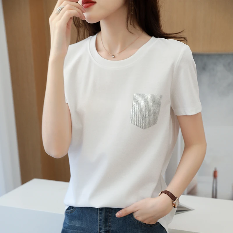 韩版休闲夏丝滑缎面冰凉感t恤百搭T恤短袖宽松圆领白色时尚休闲