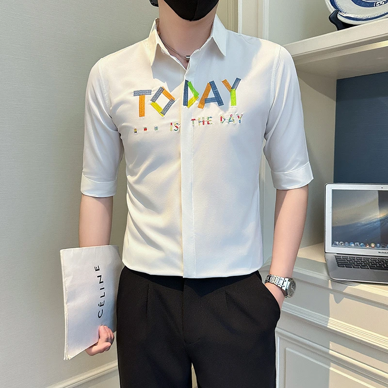 高级感刺绣衬衫男短袖夏季潮牌痞帅半袖寸衫2025新款男士中袖衬衣