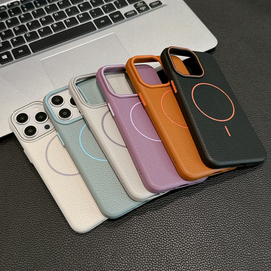 纯色荔枝纹适用苹果16promax手机壳细圈磁吸充电15简约tpu软壳14