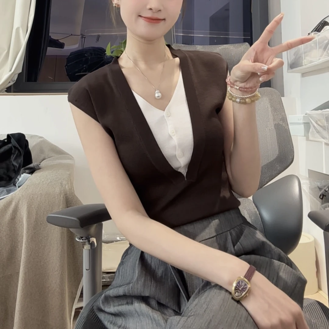 夏季无袖拼接设计时尚休闲风老钱风针织衫