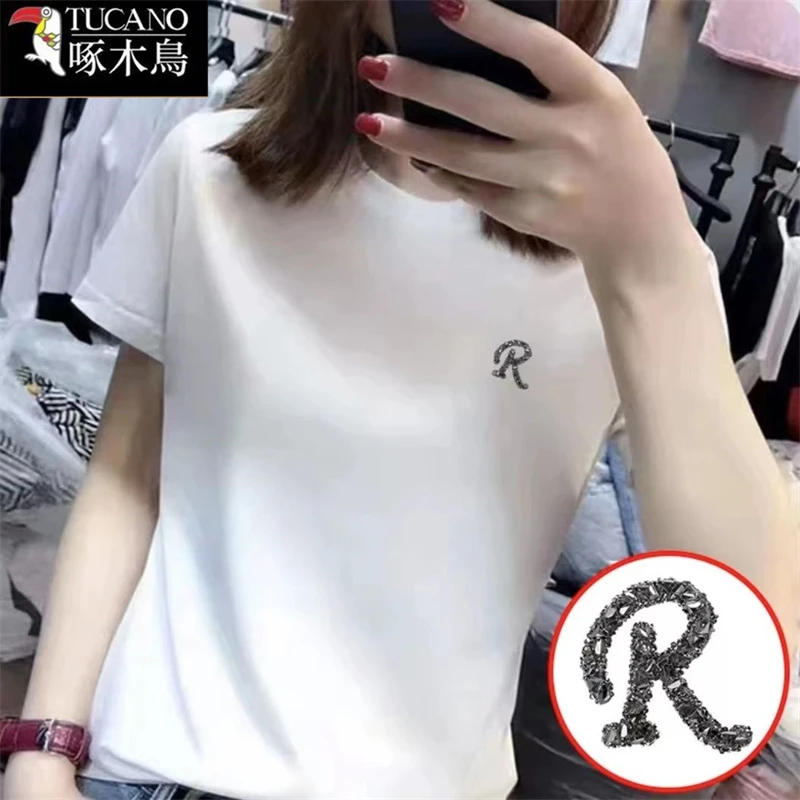 啄木鸟字母圆领短袖烫钻T恤2025年夏季新款打底衫百搭休闲上衣女