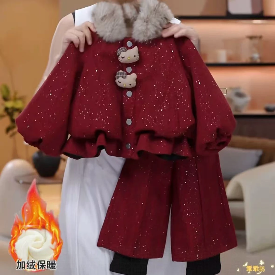 女童年服套装冬季2026新款洋气国风中式冬装加绒加厚拜年服两件套