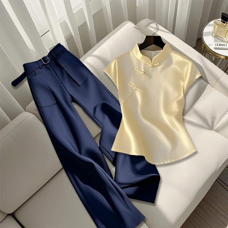 2025夏季新款出游服装女爆款设计感小众绝美立领上衣休闲直筒裤子