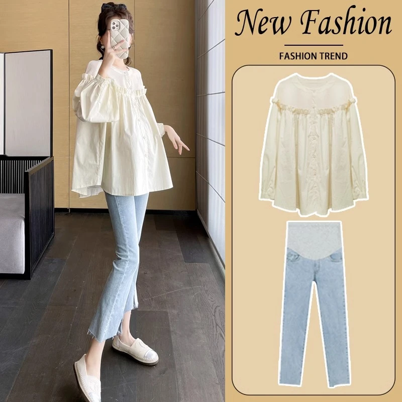 孕妇装春秋2025新款套装大码长袖衬衫上衣春款时尚洋气春装两件套