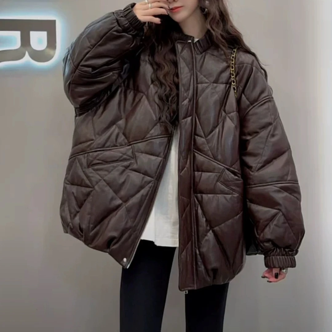 圆领加厚皮衣外套女2024冬季新款不规则压线高端欧货洋气上衣
