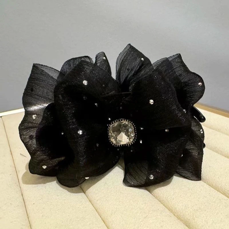 【154】春季新款绢纱丸子头抓夹泡泡纱黑色满天星小香风韩版