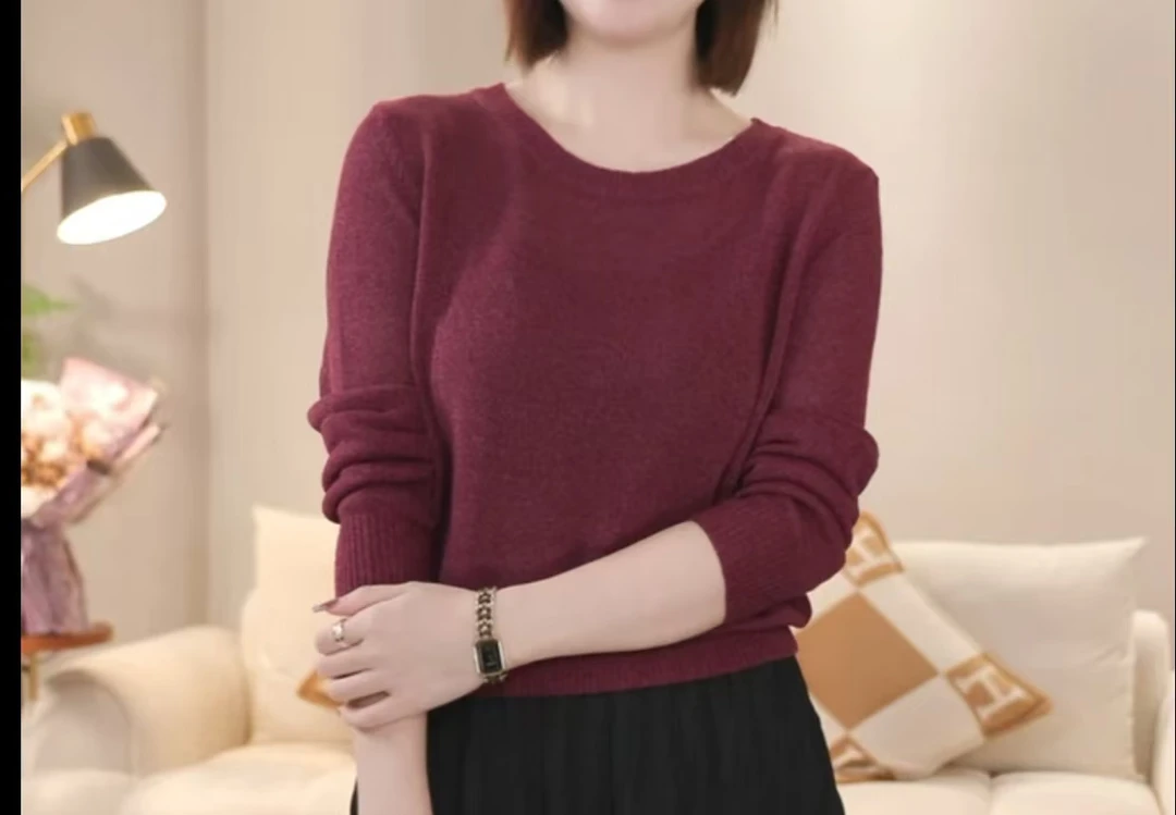 1女秋季圆领纯色长袖针织毛针织衫套头款休闲