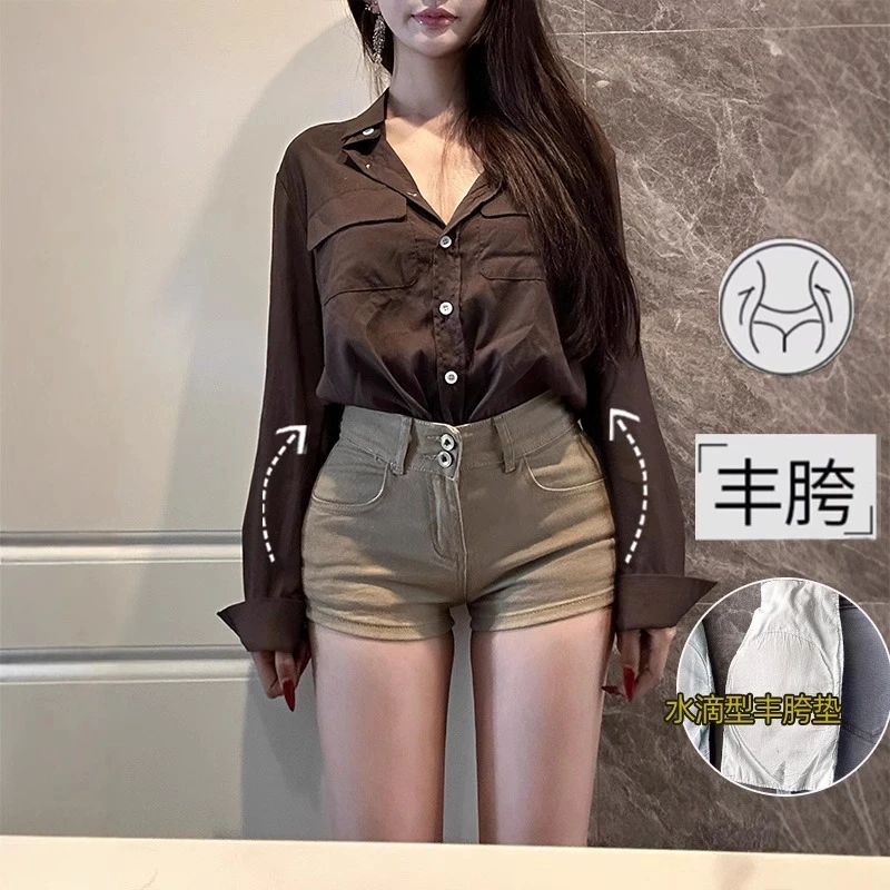 低腰双扣丰胯牛仔短裤女2025春夏季新款浅卡其显瘦美胯热裤ins潮