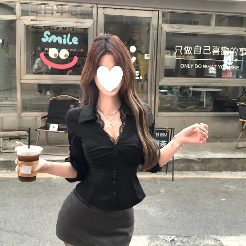 Mejiu蜜九【北岛情书】黑色蕾丝纯欲长袖衬衫女秋设计感收腰上衣