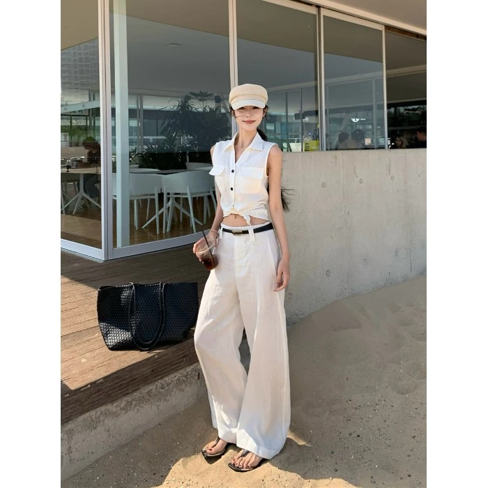 气质亚麻polo领无袖衬衫上衣女夏季时尚套装白色休闲阔腿裤两件套