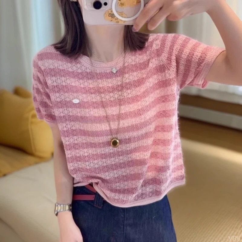别致超好看撞色条纹设计感冰丝针织T恤女2025夏季慵懒风别致上衣