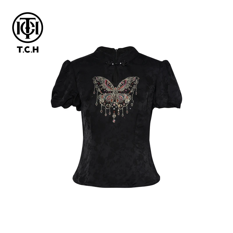 TCH轻奢烫钻工艺新中式蝴蝶时尚休闲百搭T恤女T75A10E1023私服tch