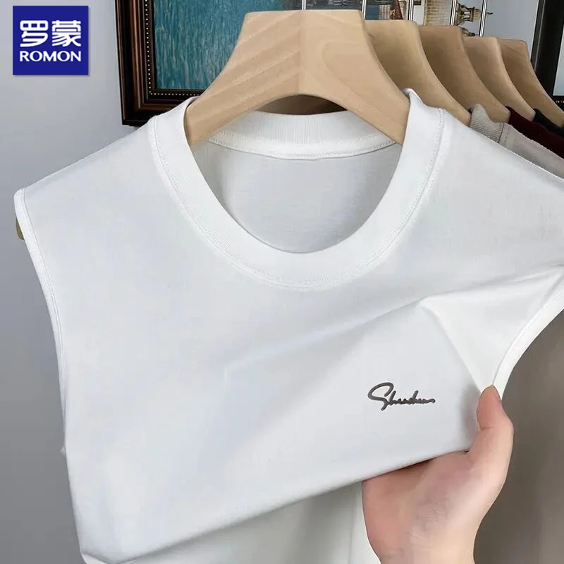 罗蒙男士夏季无袖T背心户外休闲运动全棉透气纯色圆领印花坎肩T恤