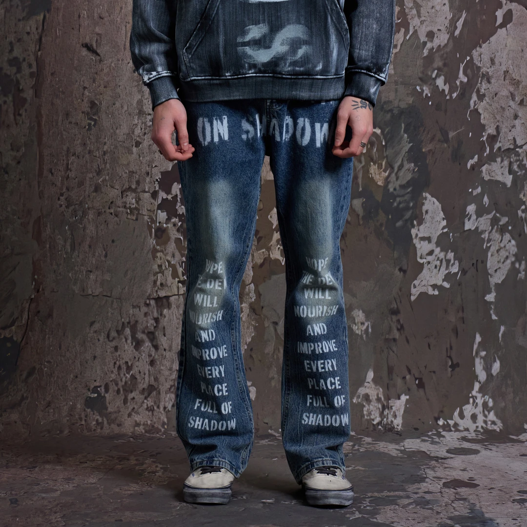 RAIN DOWN ON SHADOW洗水做旧蓝色美式drill休闲裤潮牌牛仔裤