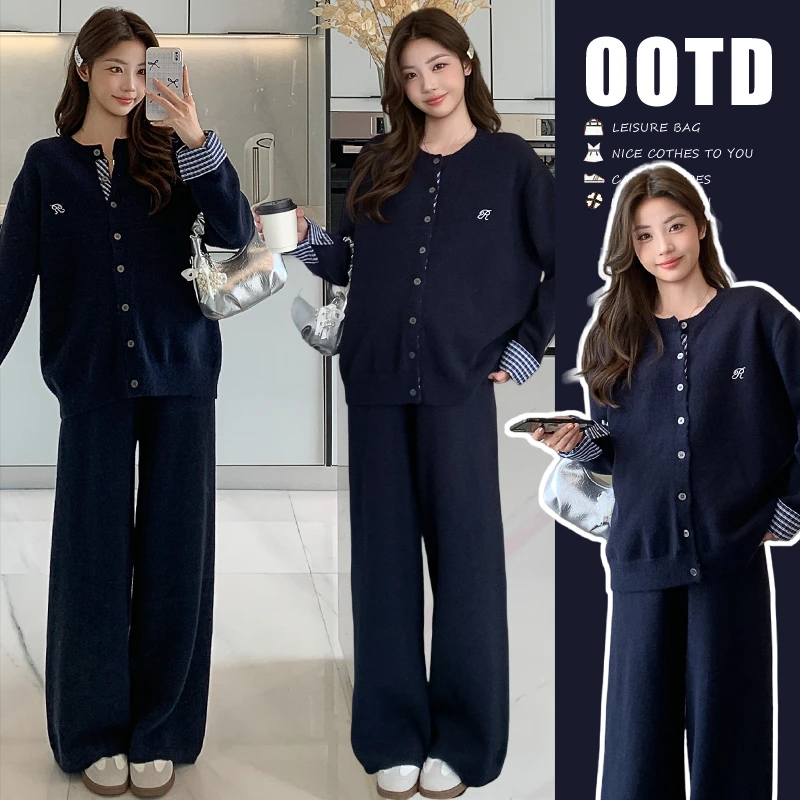 冬季新款孕妇装显瘦韩系撞色格子宽松时尚减龄慵懒风加厚毛衣套装