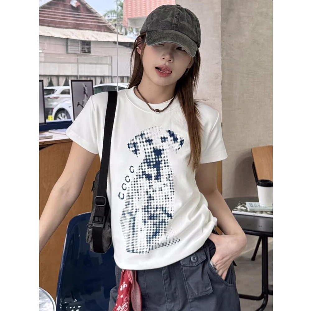 美式简约趣味斑点狗印花短袖T恤女夏季圆领百搭宽松显瘦百搭上衣