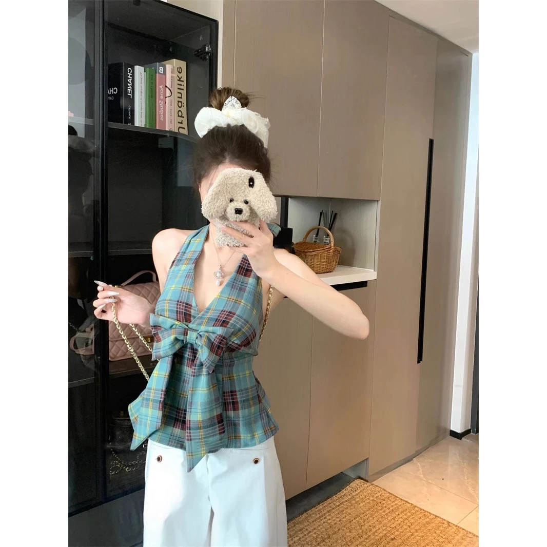 蝴蝶结格纹美背v领挂脖背心女夏季修身收腰无袖外穿辣妹显瘦上衣