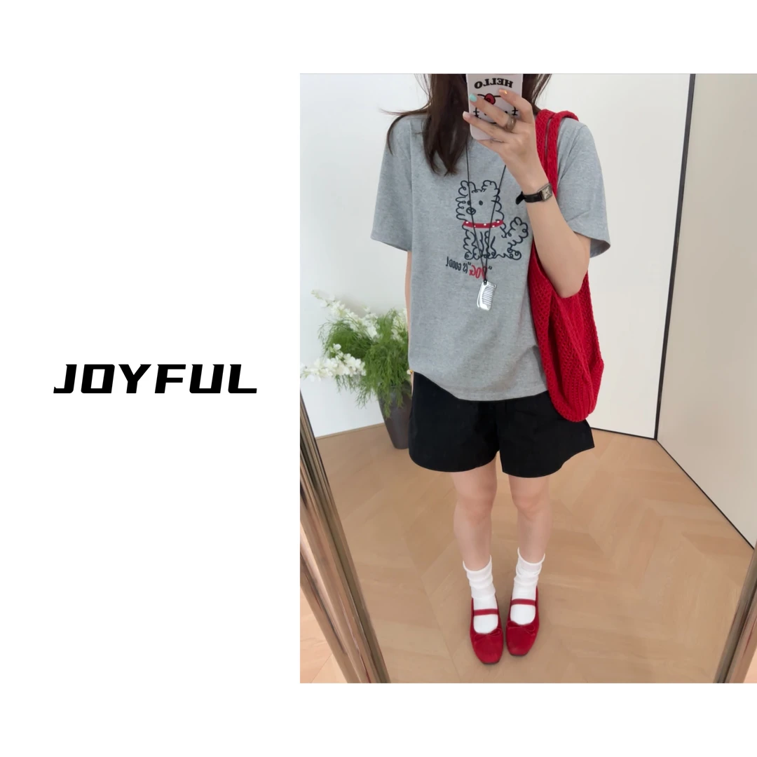 LELE-【项圈小狗】夏季新款印花刺绣T恤正肩短袖显瘦