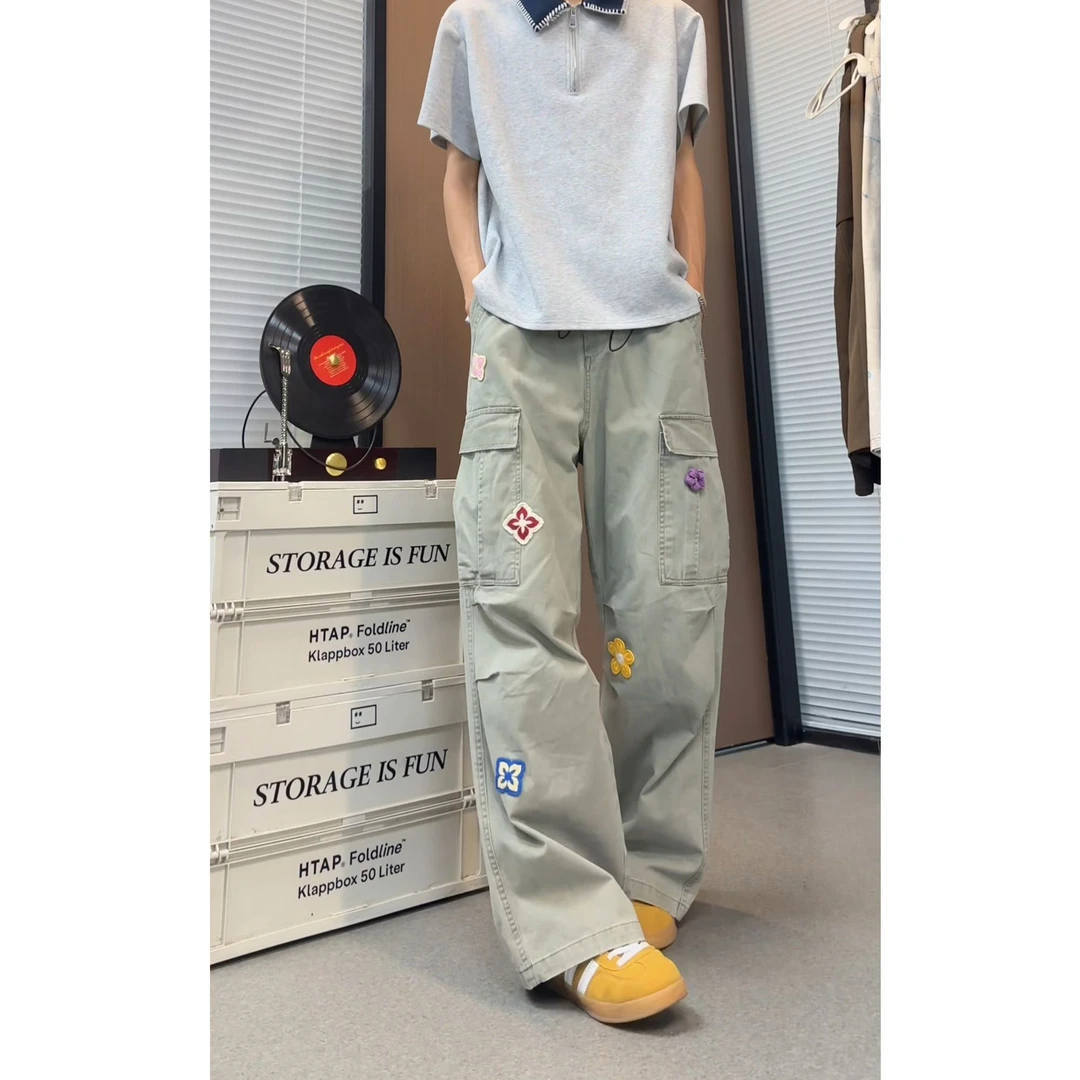 美式复古高腰直筒牛仔工装裤男2025秋季新款抽绳设计感阔腿休闲裤