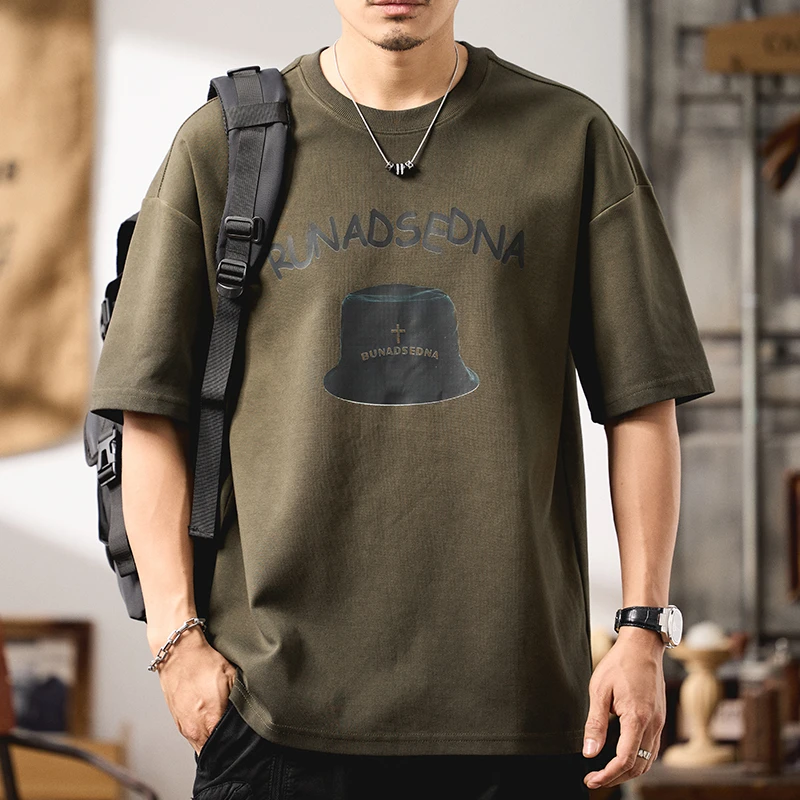 潮掌柜重磅300g橄榄绿短袖T恤潮流百搭印花宽松短袖美式复古T恤男