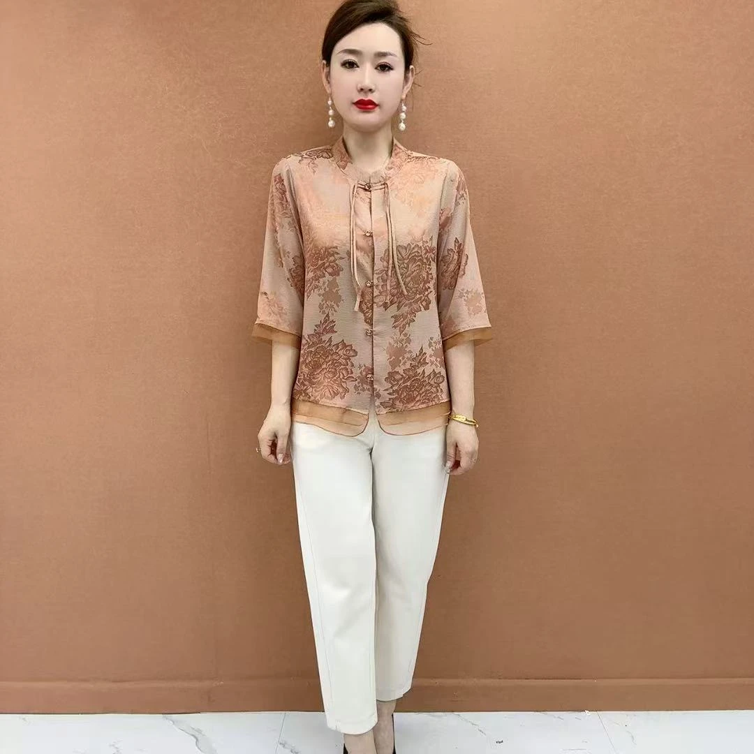 中老年妈妈夏季国风立领印花七分袖小衫洋气显瘦休闲百搭9697
