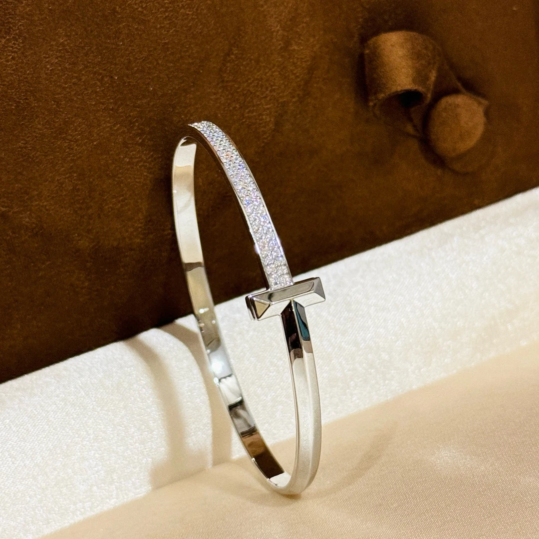 925银手镯 高版本T家宽版半钻手镯时尚简约百搭气质明星同款饰品