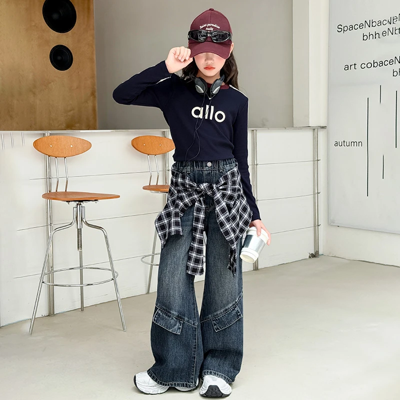 女童春秋款韩版休闲套装女大童初中生洋气时髦儿童女孩牛仔裤秋装