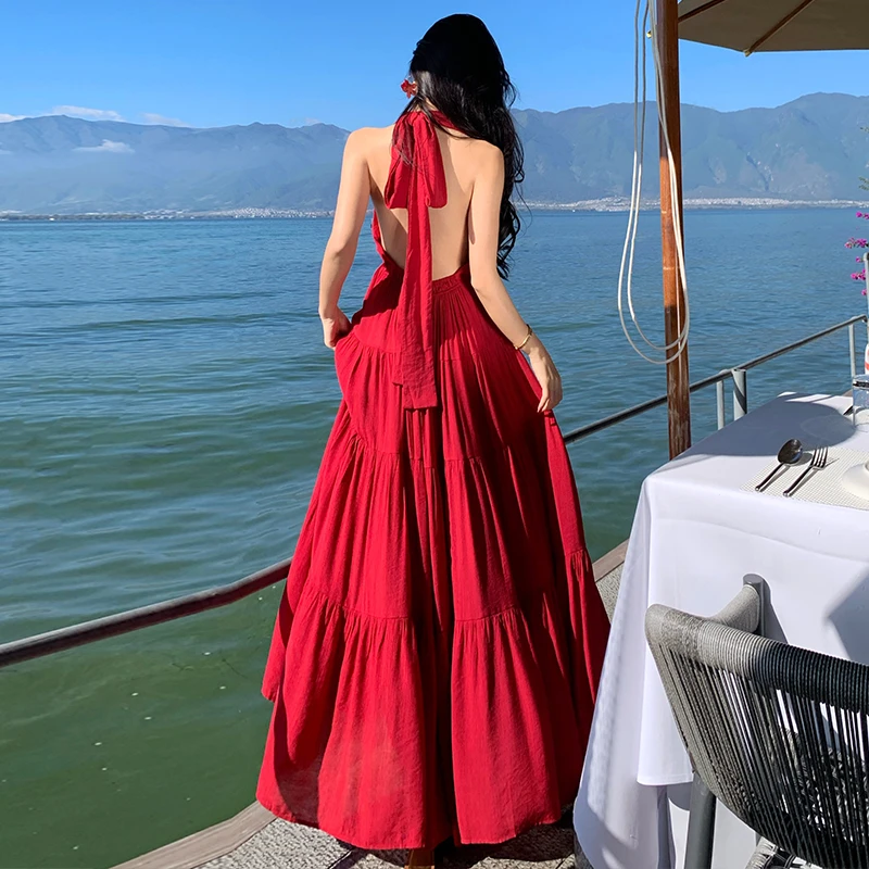 度假风穿搭沙滩裙别致绝美红色连衣裙超好看显瘦气质收腰绑带长裙