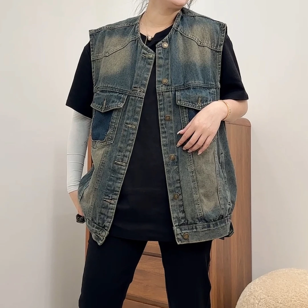 【林南南】 复古牛仔马甲时尚休闲百搭潮流做旧个性60286