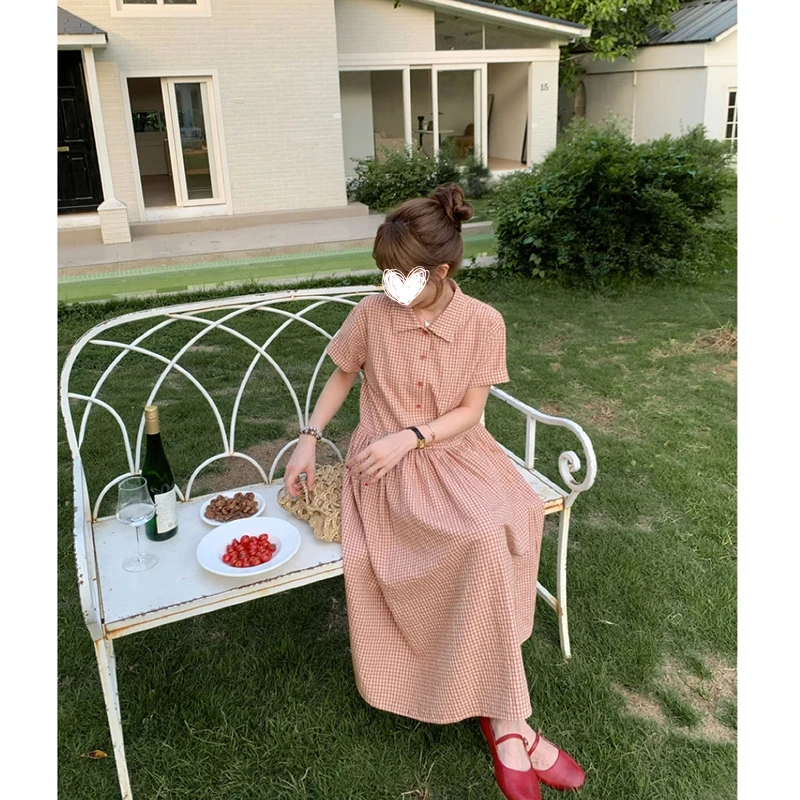 FRVXO【瞬时心动】日系格纹短袖显白显瘦连衣裙夏季度假长裙
