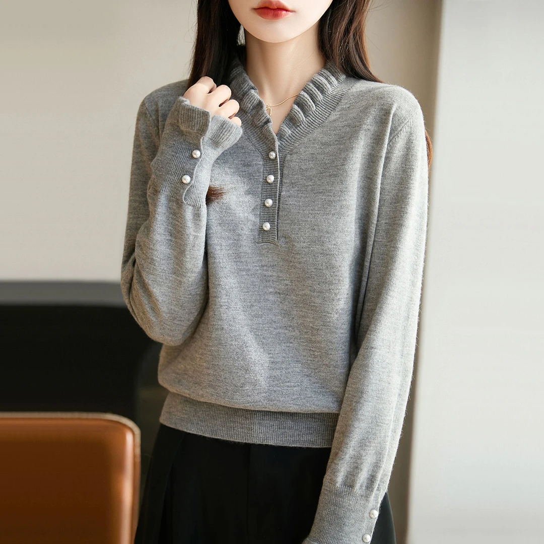 V领木耳边羊毛衫女秋冬新款纯色宽松毛衣百搭显瘦短款针织打底衫
