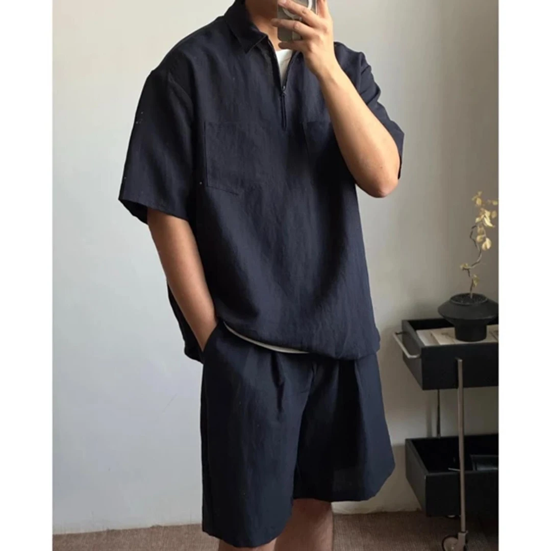 polo衫天丝亚麻套装男款老钱风工装休闲 运动短袖短裤一整套