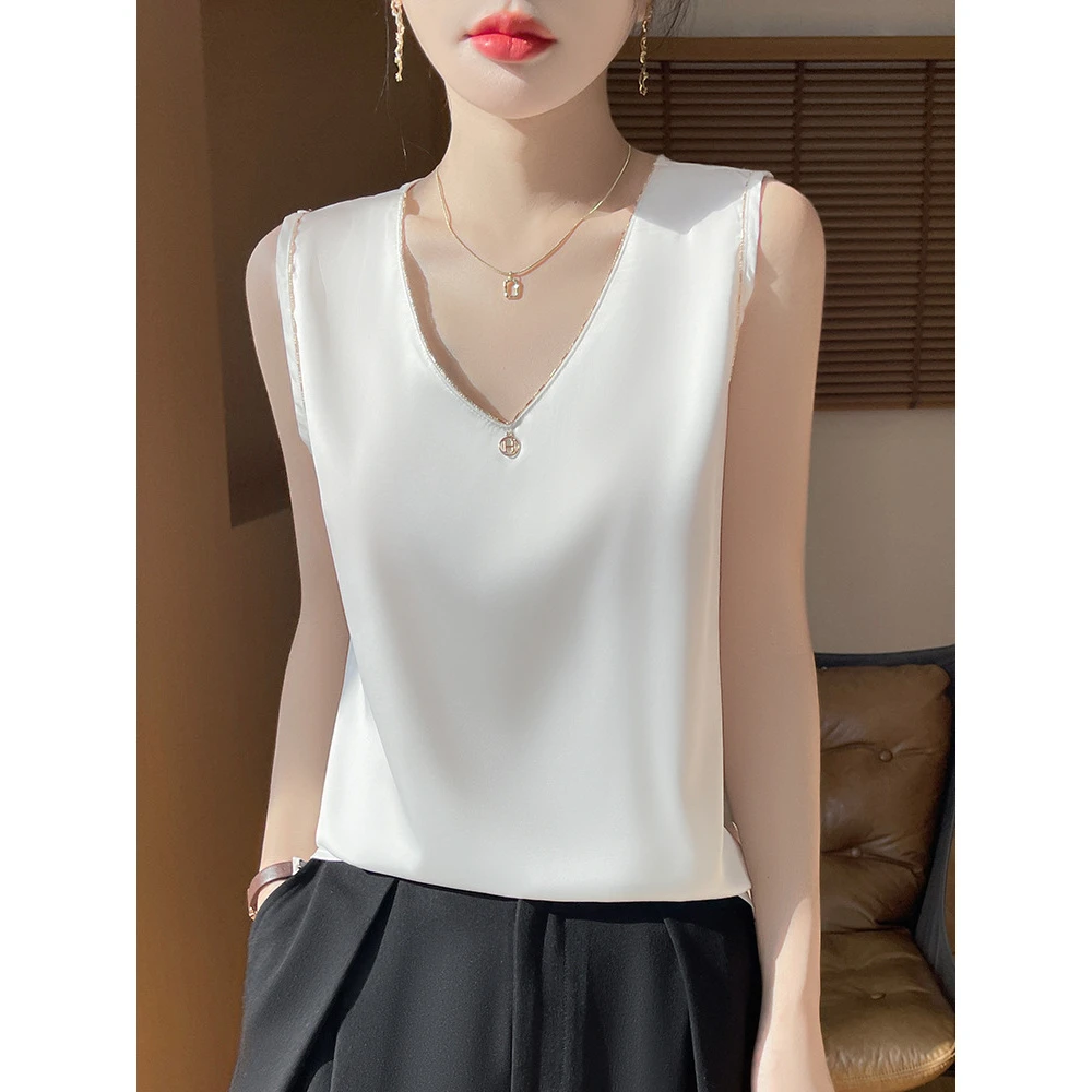 新款夏季轻盈仿真丝吊带背心女简约优雅V领内搭纯色