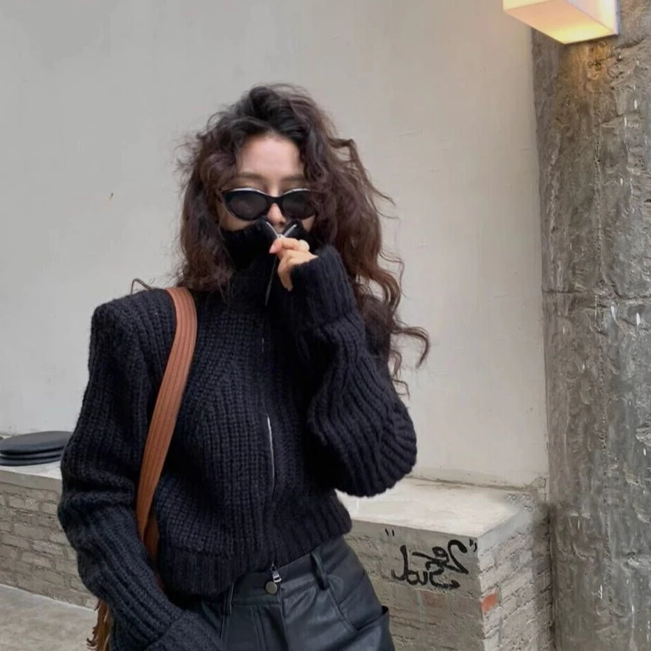 双拉链立领毛衣外套女春季季2025新款长袖针织衫百搭时尚开衫上衣