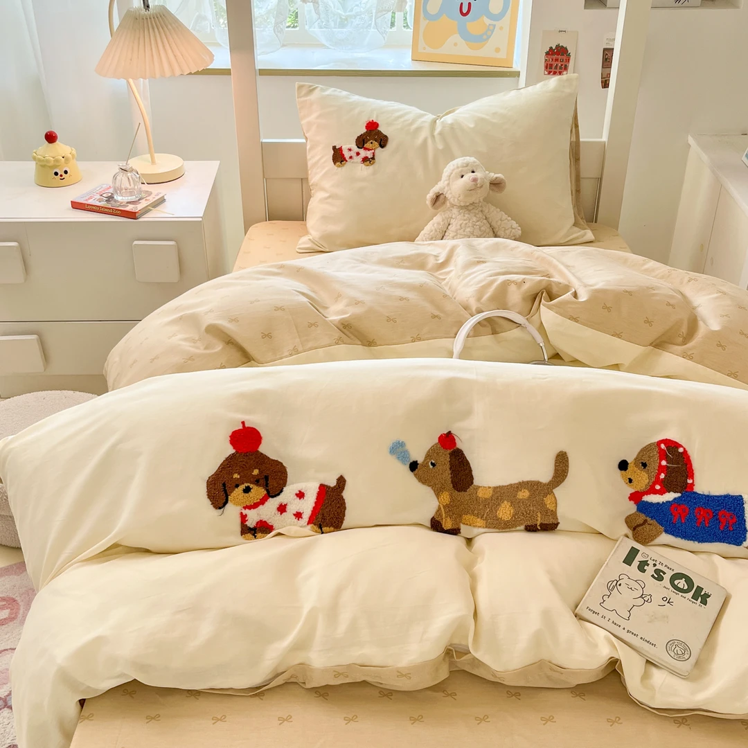 卡通风腊肠修狗大学生宿舍床品三件套全棉纯棉床单被套床垫六件套
