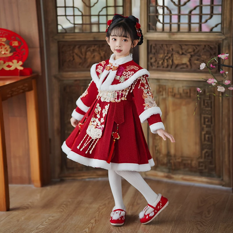 女童汉服冬季古装拜年服新年装儿童唐装中国风女孩连衣裙冬装