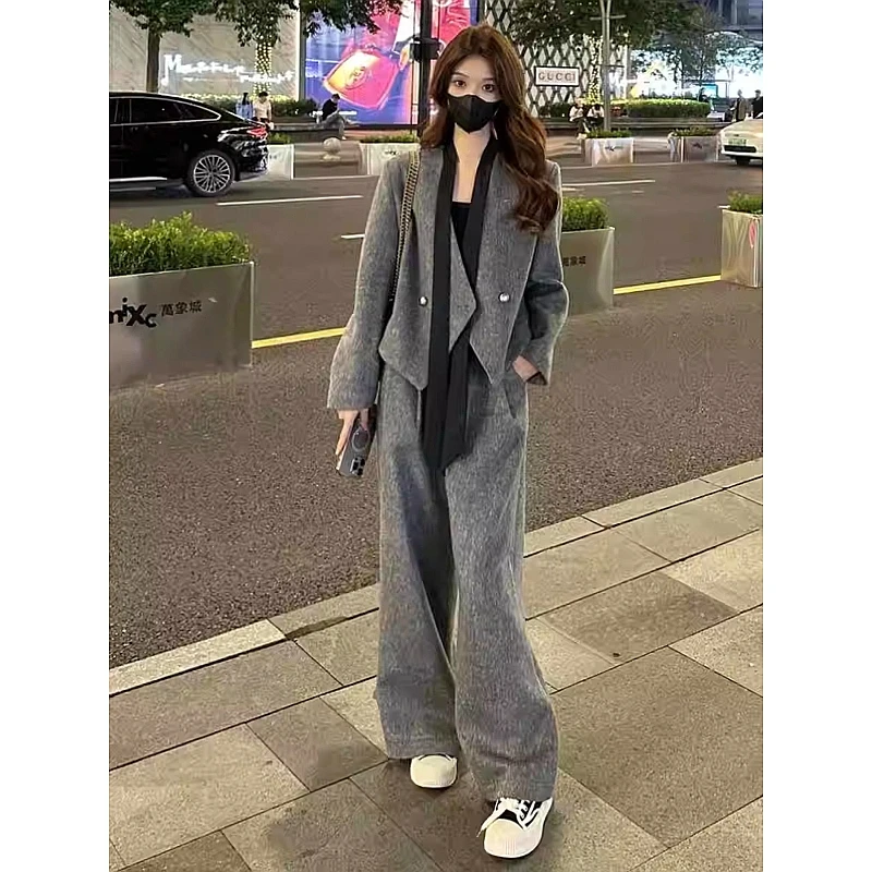 拉夏贝尔毛呢时尚套装女2025秋冬新款高级感气质垂感阔腿裤两件套