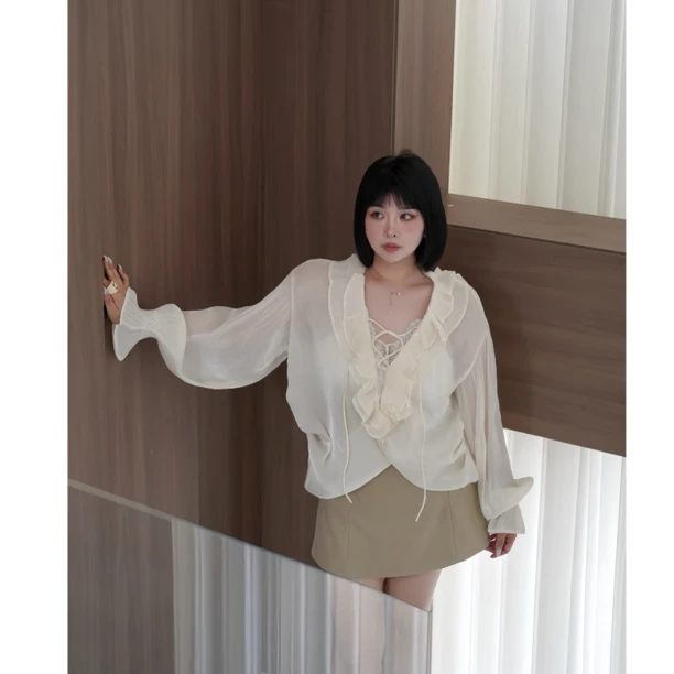 PUMPKIN·大码夏季清冷仙气荷叶边领口琉璃光斑宽松上衣