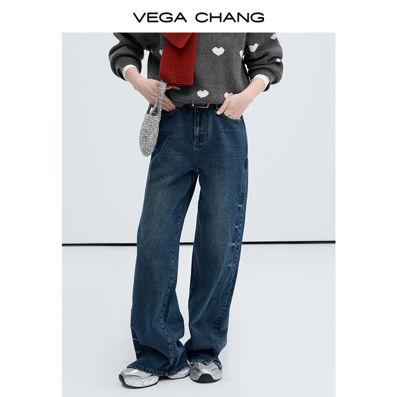 VEGA CHANG牛仔裤2025秋新款复古慵懒松弛感小开叉直筒裤子0320JJ