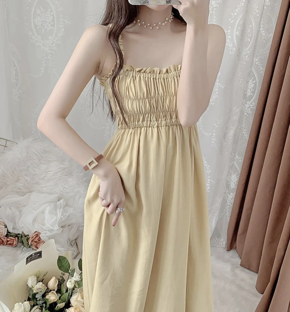 1807  韩系简约纯色高腰吊带休闲显瘦连衣裙（J17）