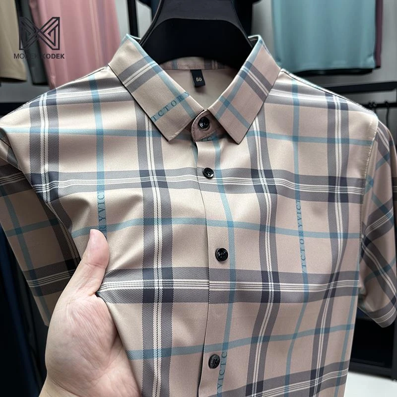 MODEK KODEK格子短袖衬衫男免烫衬衣冰丝透气男装衬衫夏季上衣潮