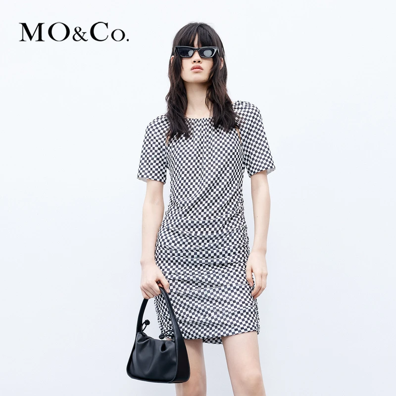 【赵老板专属】MOCO秋棋盘格解构镂空捏褶高腰连衣裙MBC3DRS005