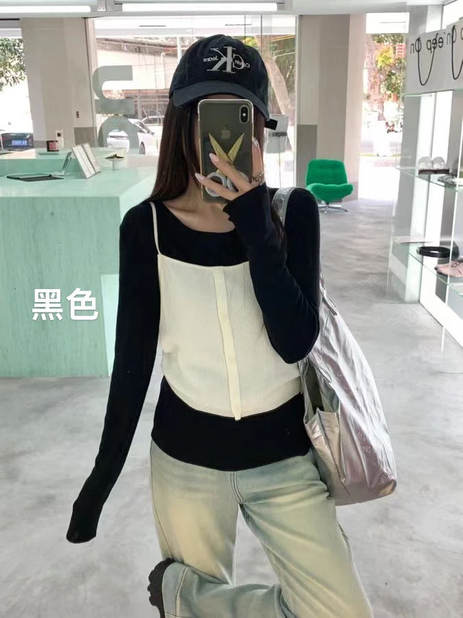 有货彩虹#2410秋季福利真两件针织修身上衣，衣长：50cm